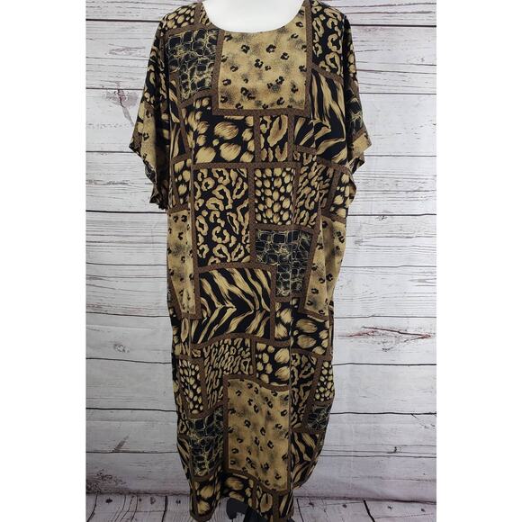 Sag Harbor Woman Black Brown Mixed Print Short Sleeve Midi Dress Size 26W - Picture 2 of 13